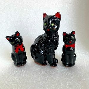 Vintage Shafford Japan Redware Black Cat Salt & Pepper Shakers plus cat figurine